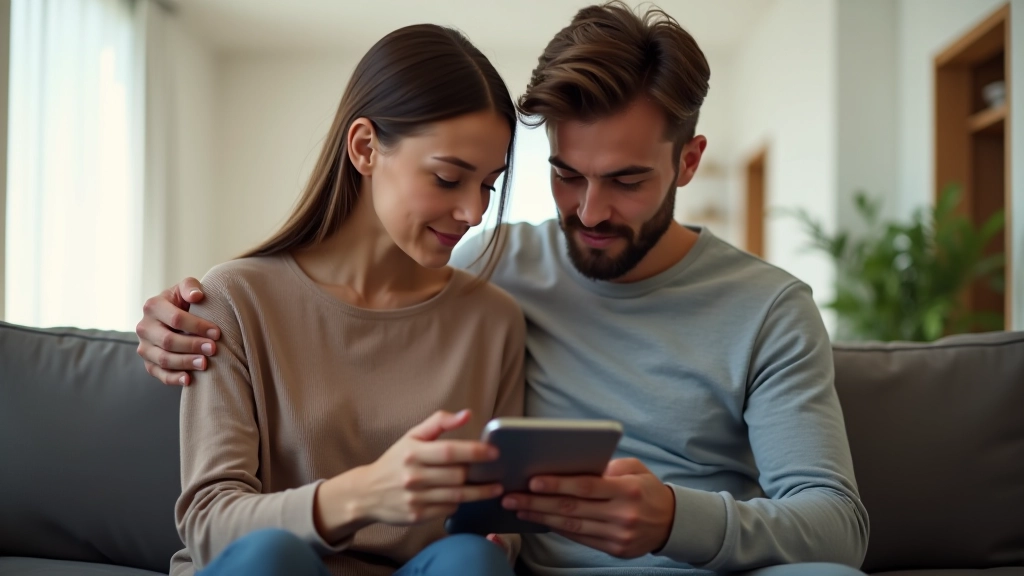 Muž a žena se dívají na tablet s aplikací pro správu domácího rozpočtu a sdílení výdajů