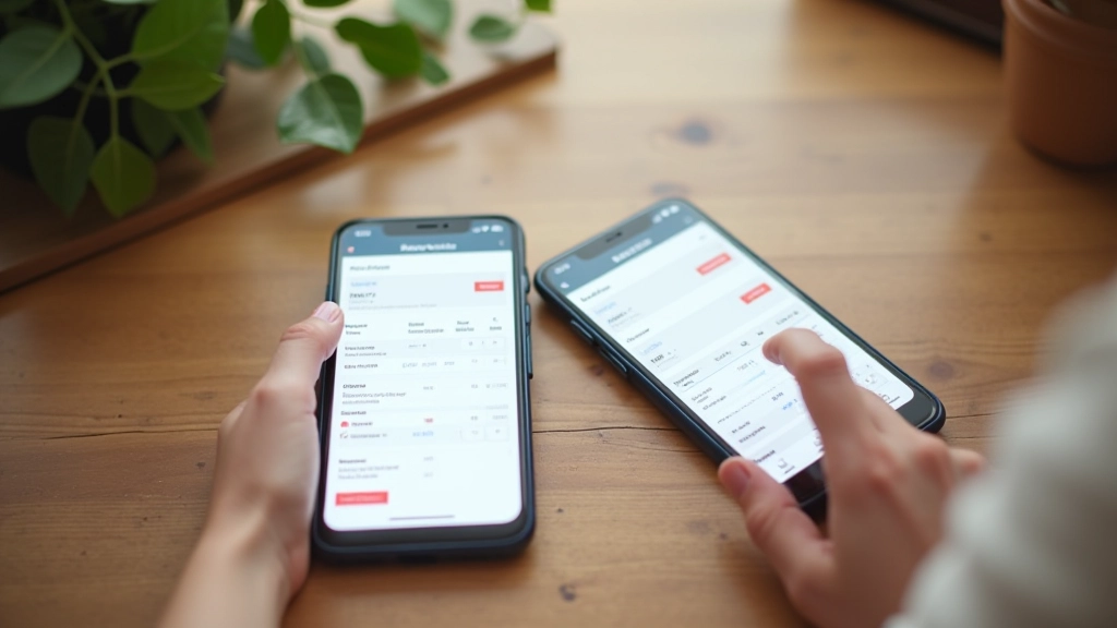 Dva mobilní telefony s finančními aplikacemi na stole